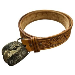 Vintage 70s Sears Leather Tooled Belt with BTS Brass Eagle Head Belt Buckle 40